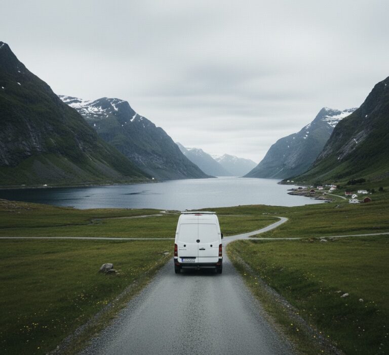 Camper driving through Lofoten Island Norway