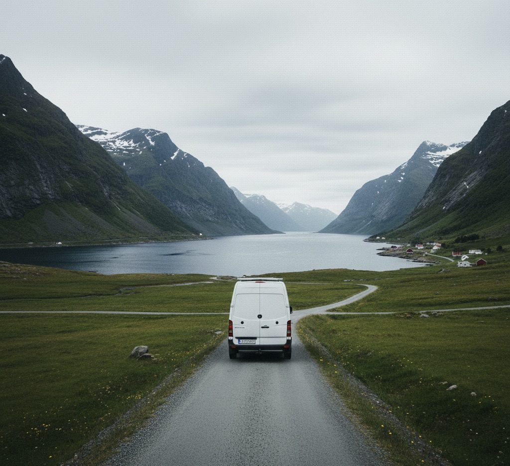 Camper driving through Lofoten Island Norway